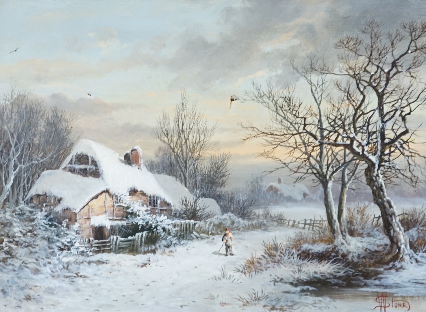 William Stone (fl.1865-93), oil on canvas, Winter landscape with thatched cottage and figure, signed, 29 x 39cm